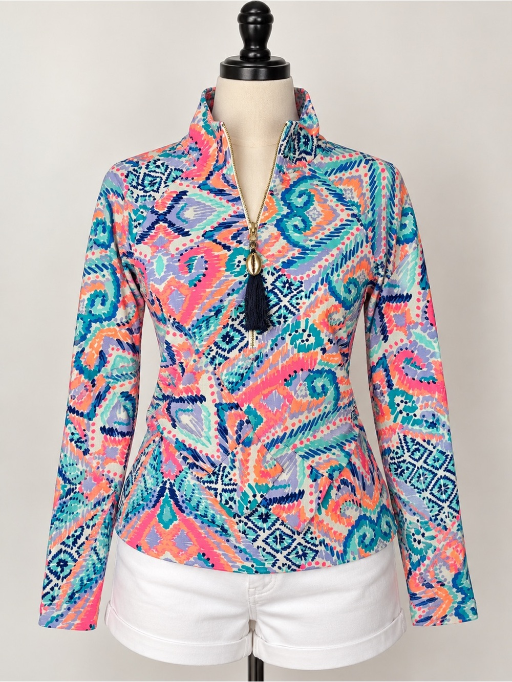 Lilly Pulitzer Quarter Zip Paisley Pullover Tassel Top S